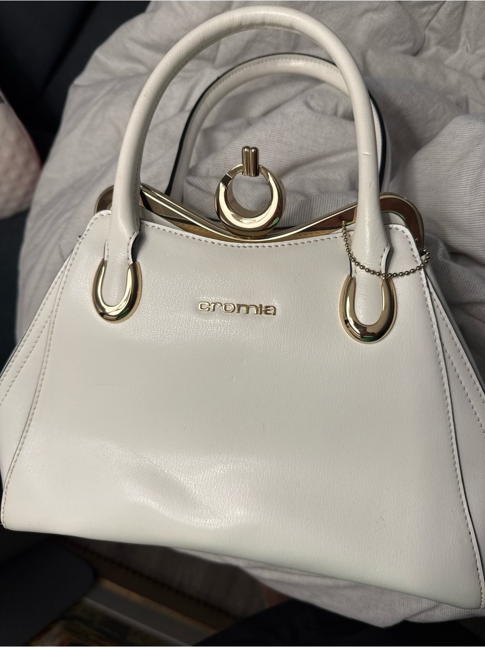 Cromia White Leather Structured Top-Handle Shoulder Bag